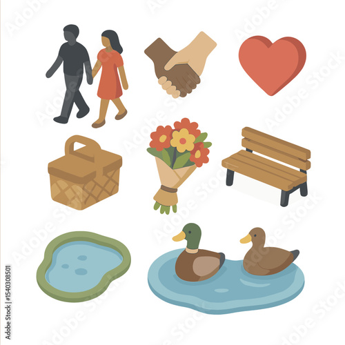 Strolling Couple Icons. Isometric Flat icon set of strolling couple: man silhouette, woman silhouette, joined hands, heart icon,