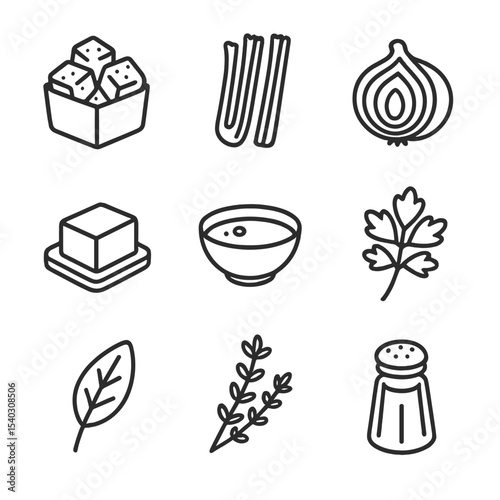 Stuffing Ingredients Icons. Outline icon set of turkey stuffing ingredients: bread cubes, celery stalks, onion slices, butter cube