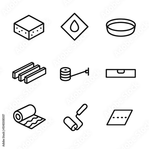 Subfloor Preparation Icons. Outline icon set of subfloor preparation essentials: concrete slab, moisture barrier, leveling