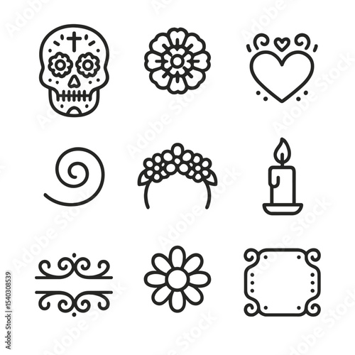 Sugar Skull Icons. Outline icon set of sugar skull Day of the Dead: decorated skull, marigold flower, heart pattern, swirl motif,