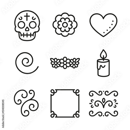 Sugar Skull Icons. Outline icon set of sugar skull Day of the Dead: decorated skull, marigold flower, heart pattern, swirl motif,