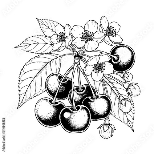 Cherry Fruits with Leaves and Flowers Doodle Illustration – Hand-Drawn Black and White Line Art on Transparent Background