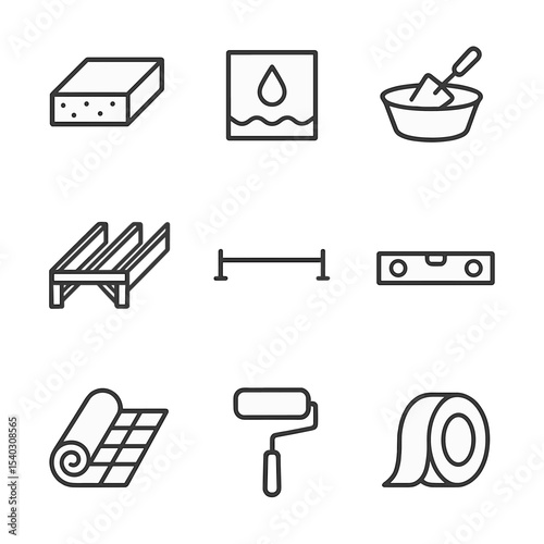 Subfloor Preparation Icons. Outline icon set of subfloor preparation essentials: concrete slab, moisture barrier, leveling