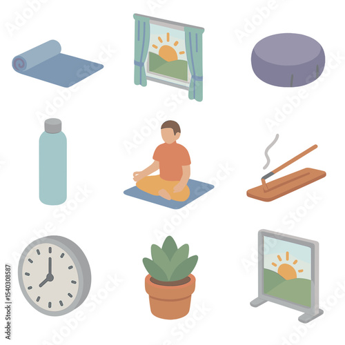 Sunrise Yoga Icons. Isometric Flat icon set of sunrise yoga by window: yoga mat, rising sun, open curtain, meditation cushion,