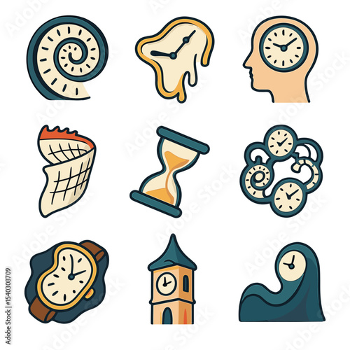 Surreal Time Icons. Isometric Flat icon set of warped perception of time: spiral clock face, melting clock hands, mind with clock