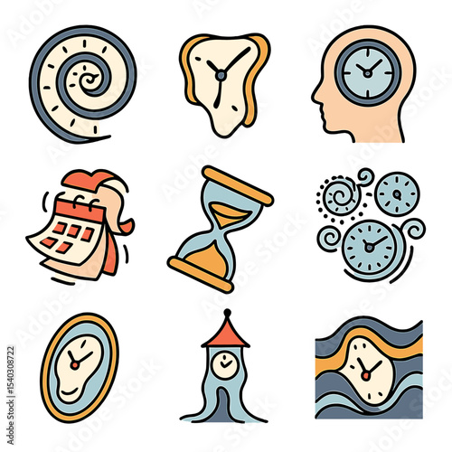 Surreal Time Icons. Isometric Flat icon set of warped perception of time: spiral clock face, melting clock hands, mind with clock