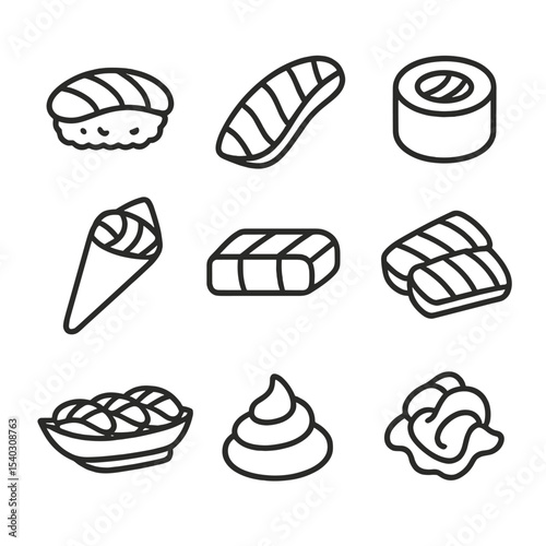 Sushi Varieties Icons. Outline icon set of sushi and sashimi tuna varieties: nigiri rice, sashimi slice, maki roll, temaki cone,