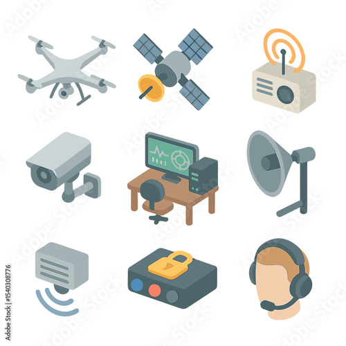 Surveillance Icon Set. Isometric Flat icon set of intelligence surveillance: reconnaissance drone, spy satellite, signal intercept