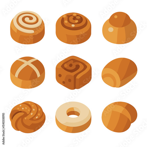 Sweet Rolls Icon Set. Isometric Flat icon set of sweet rolls and buns: cinnamon roll, sticky bun, brioche bun, hot cross bun,