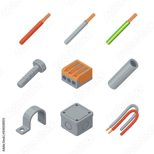 Switch Plate Components Icons. Isometric Flat icon set of switch plate wiring components: live wire, neutral wire, ground wire,