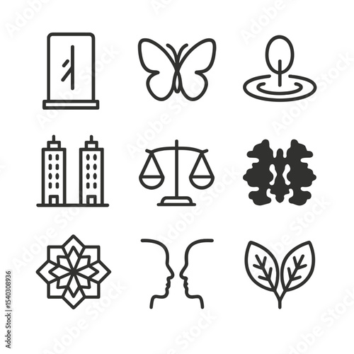 Symmetry Icon Collection. Outline icon set of symmetry composition: mirror image, butterfly wings, reflection pool, twin buildings