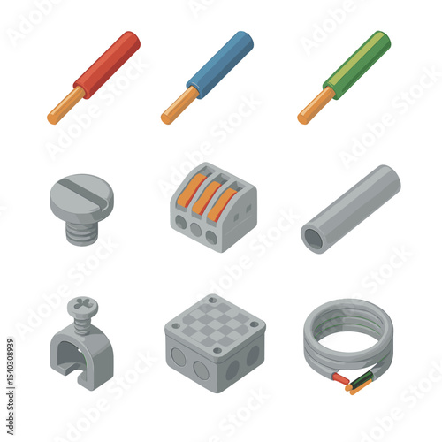 Switch Plate Components Icons. Isometric Flat icon set of switch plate wiring components: live wire, neutral wire, ground wire,