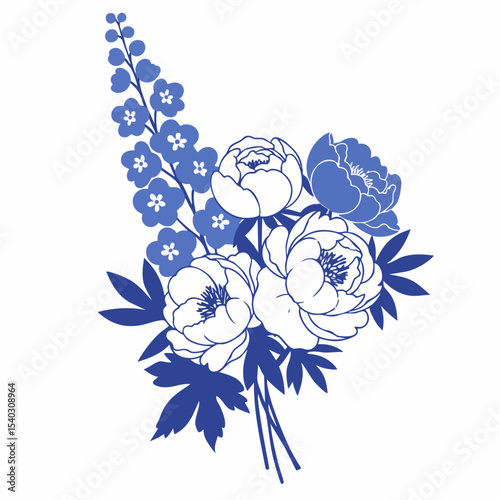 Elegant Blue and White Floral Bouquet with Detailed Peonies and Delphiniums