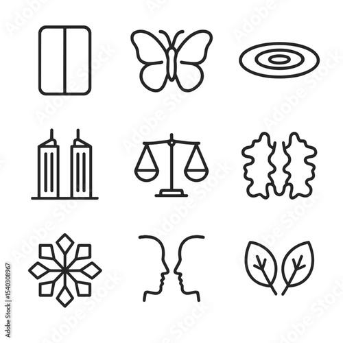 Symmetry Icon Collection. Outline icon set of symmetry composition: mirror image, butterfly wings, reflection pool, twin buildings
