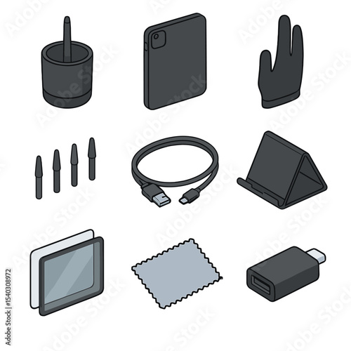 Tablet Accessories Icons Set. Isometric Flat icon set of tablet accessories: pen holder, protective case, drawing glove,
