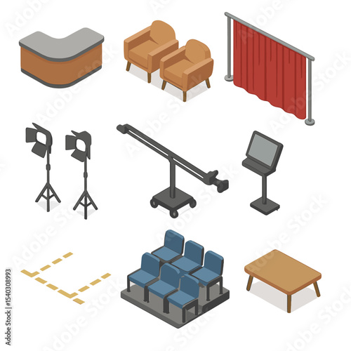 Talk Show Studio Icons. Isometric Flat icon set of talk show studio design: host desk, guest chairs, backdrop curtain, studio