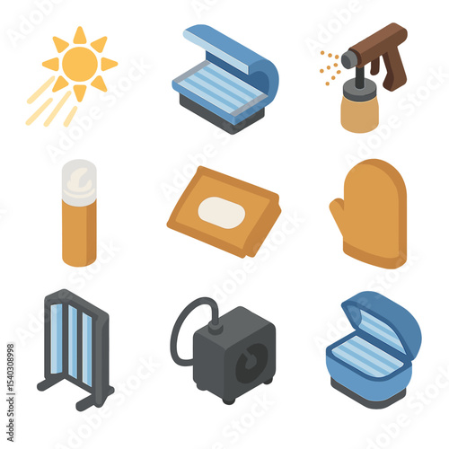 Isometric Tanning Icons. Isometric Flat icon set of tanning methods: natural sunlight beam, tanning bed lamp, spray tan gun,