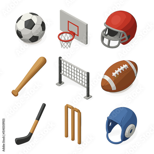 Team Sports Icons. Isometric Flat icon set of team sports equipment: soccer ball, basketball hoop, football helmet, baseball bat,