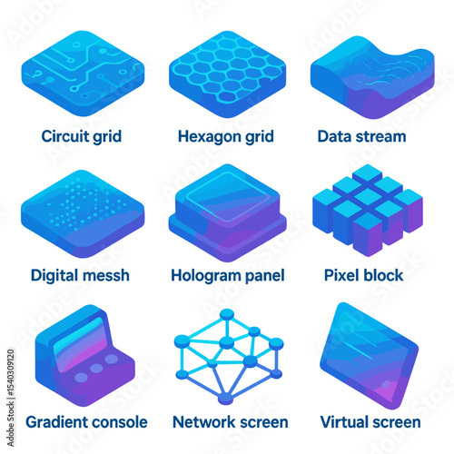 Tech Icon Grid. Isometric Flat icon set of tech gradient backgrounds: circuit grid, hexagon grid, data stream wave, digital mesh,