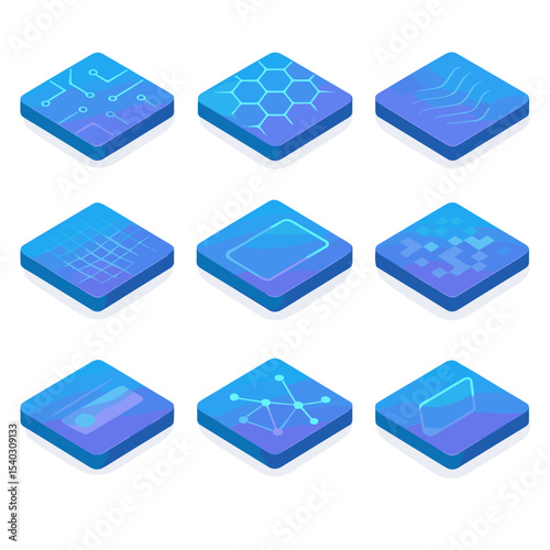 Tech Icon Grid. Isometric Flat icon set of tech gradient backgrounds: circuit grid, hexagon grid, data stream wave, digital mesh,