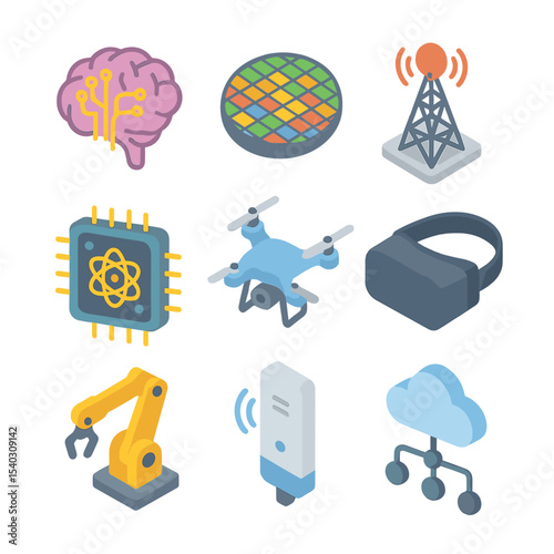 Tech Growth Icon Set. Isometric Flat icon set of technological growth trends: AI brain, semiconductor wafer, 5G tower, quantum
