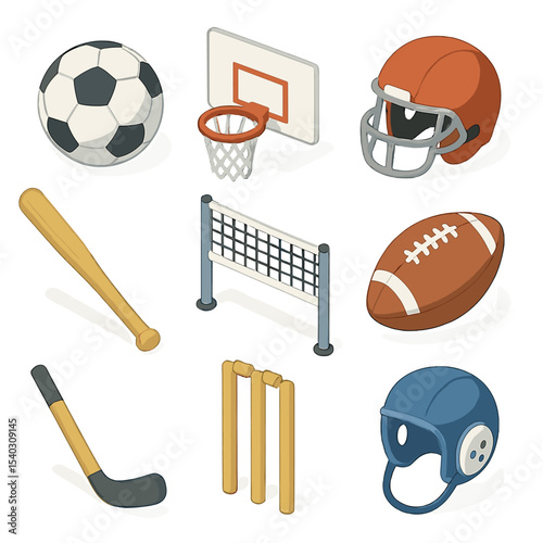 Team Sports Icons. Isometric Flat icon set of team sports equipment: soccer ball, basketball hoop, football helmet, baseball bat,