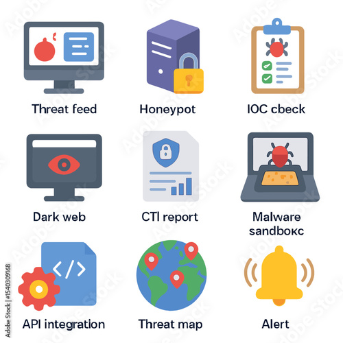 Threat Intelligence Icons. Isometric Flat icon set of threat intelligence gathering: threat feed dashboard, honeypot server, IOC