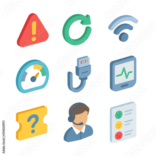 Technical Support Icons. Isometric Flat icon set of technical support and troubleshooting: error alert, restart icon, connection