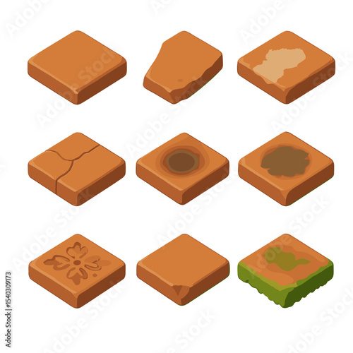 Terracotta Tile Icon Set. Isometric Flat icon set of terracotta tile surfaces: glazed tile, unglazed shard, grout residue, crack