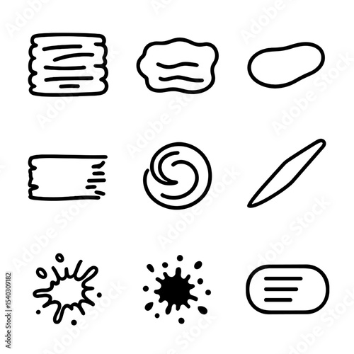 Textured Brush Icons. Outline icon set of textured brush strokes: acrylic stroke, watercolor wash, oil smear, dry-brush effect,