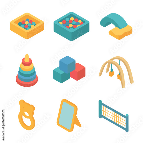 Toddler Activity Icons. Isometric Flat icon set of toddler activity pits: low-edge pit, small balls, crawling pillow, stacking