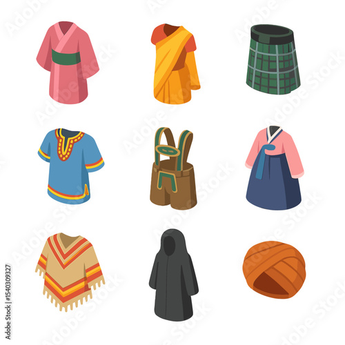 Traditional Clothing Icons. Isometric Flat icon set of traditional clothing: kimono, sari, kilt, dashiki, lederhosen, hanbok,