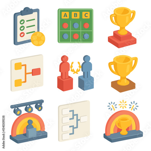 Tournament Stages Icons. Isometric Flat icon set of tournament stages: Qualification, Group stage, Playoffs, Quarterfinals,