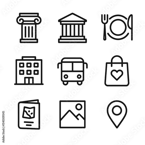 Tourist Icon Set. Outline icon set of tourist itinerary waypoints: landmark column, museum façade, restaurant plate, hotel