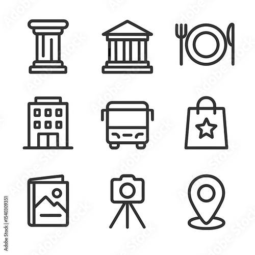 Tourist Icon Set. Outline icon set of tourist itinerary waypoints: landmark column, museum façade, restaurant plate, hotel