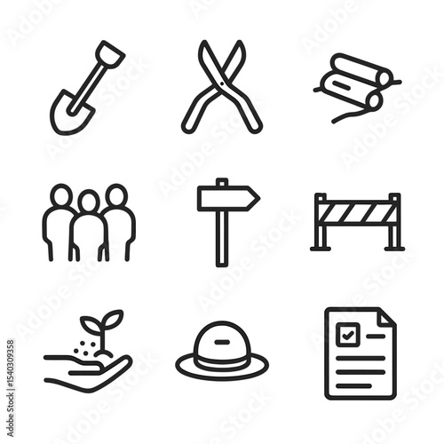 Trail Conservation Icons. Outline icon set of trail conservation and management: maintenance shovel, pruning shears, erosion