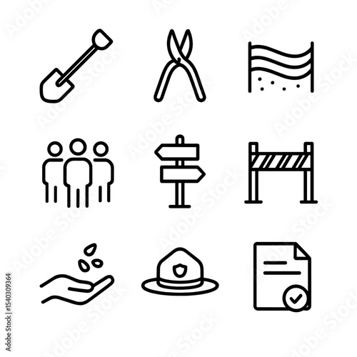 Trail Conservation Icons. Outline icon set of trail conservation and management: maintenance shovel, pruning shears, erosion