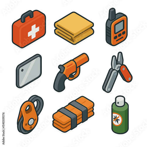 Trail Safety Icons. Isometric Flat icon set of trail safety and first aid: first aid box, emergency blanket, satellite messenger,