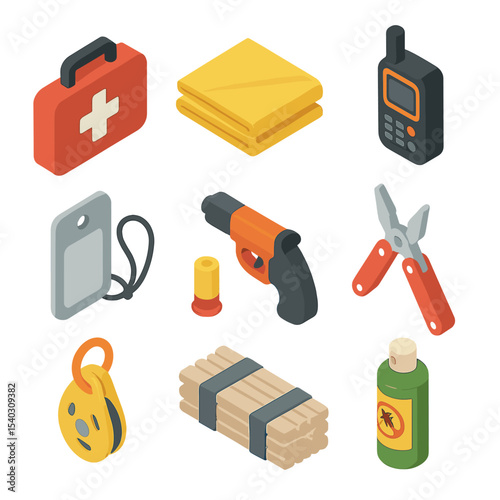 Trail Safety Icons. Isometric Flat icon set of trail safety and first aid: first aid box, emergency blanket, satellite messenger,