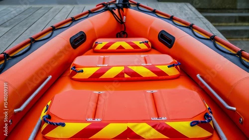 A medium closeup of a lifeboat with emergency flotation cushions showing the details of the buoyant elements and the bright safety markings designed for high visibility.