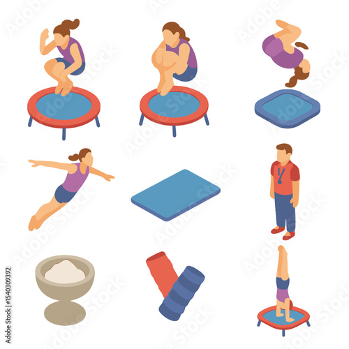 Trampoline Gymnastics Icons. Isometric Flat icon set of trampoline gymnastics tricks: somersault, tuck jump, backflip, aerial