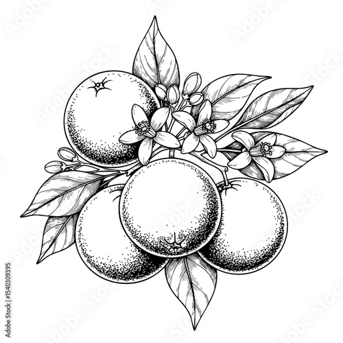 Orange Fruits with Leaves and Flowers Doodle Illustration – Hand-Drawn Black and White Line Art on Transparent Background