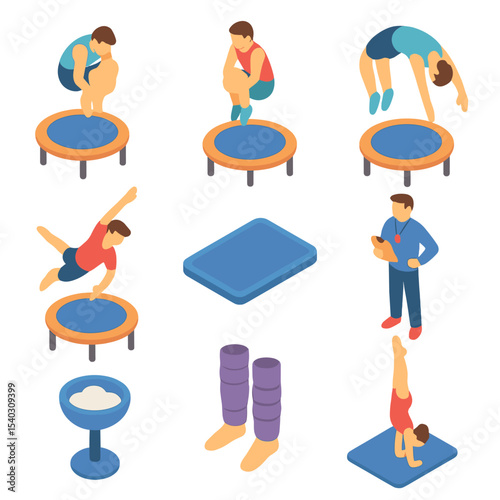 Trampoline Gymnastics Icons. Isometric Flat icon set of trampoline gymnastics tricks: somersault, tuck jump, backflip, aerial