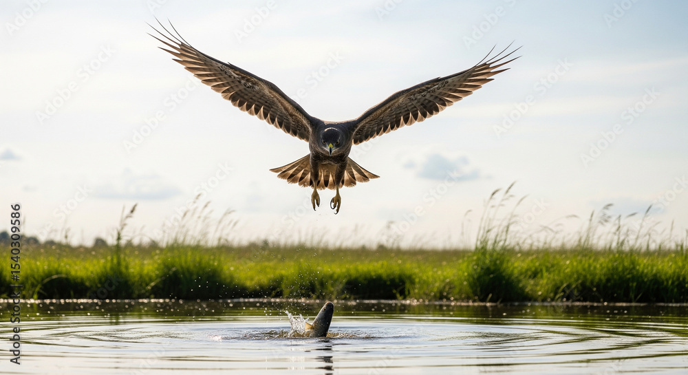 Obraz premium Bird of prey catching a fish from the water.