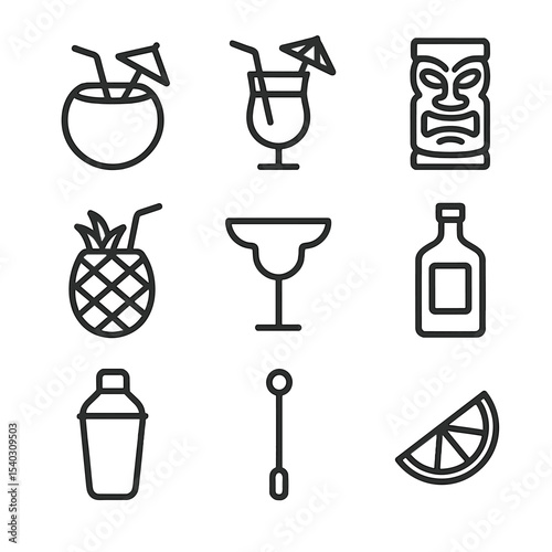 Tropical Cocktails Icons. Outline icon set of tropical cocktails: coconut drink, umbrella straw, tiki mug, pineapple juice,