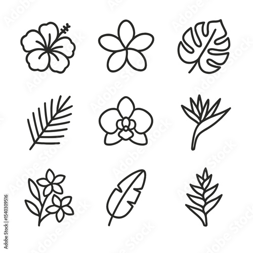Tropical Floral Icons. Outline icon set of tropical floral patterns: hibiscus bloom, plumeria flower, monstera leaf, palm frond,