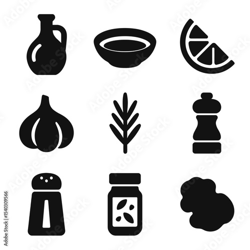 Tuna Seasoning Icons. Solid, Filled icon set of tuna steak seasoning and marinades: olive oil bottle, soy sauce dish, lemon wedge,