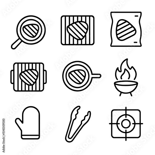 Tuna Cooking Methods Grid. Outline icon set of tuna steak cooking methods: searing pan, grill grate, sous-vide bag, broiler rack,