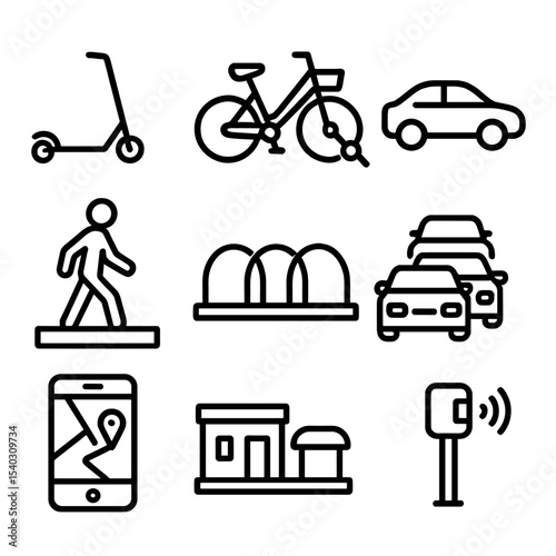 Urban Mobility Icons. Outline icon set of urban mobility solutions: e-scooter, bike-sharing, ride-hailing car, pedestrian walkway,