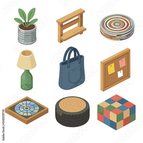 Upcycling Project Icons. Isometric Flat icon set of upcycling project ideas: tin can planter, pallet wood shelf, magazine coaster,